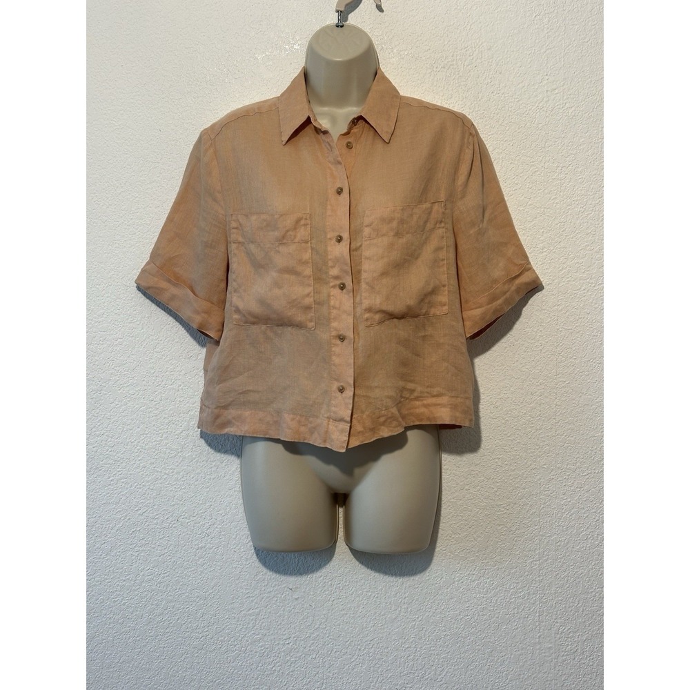 MNG Sz 4 Linen Peach Orange Button Up Shirt Short Sleeve Boxy Lagenlook Minimal